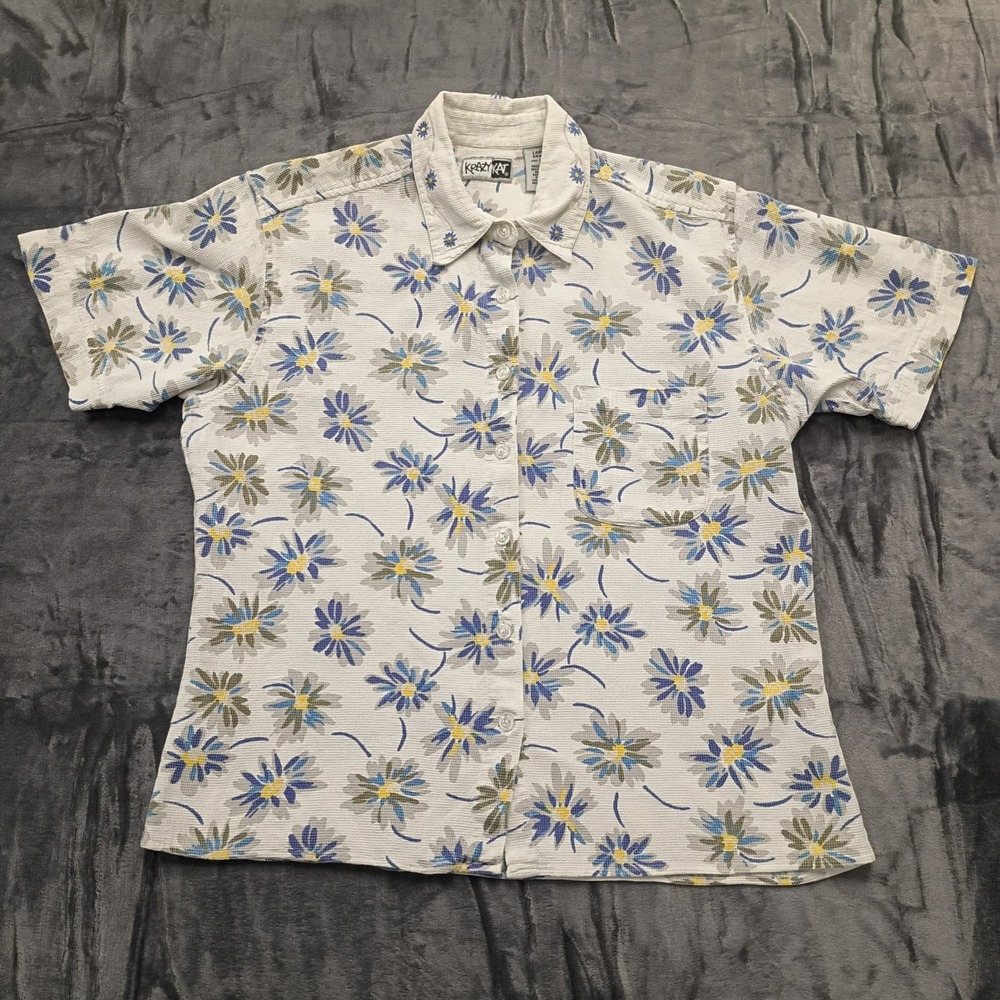 Krazy Kat Floral Waffle Knit Button Shirt L White Blue‎ Yellow Vintage Style
